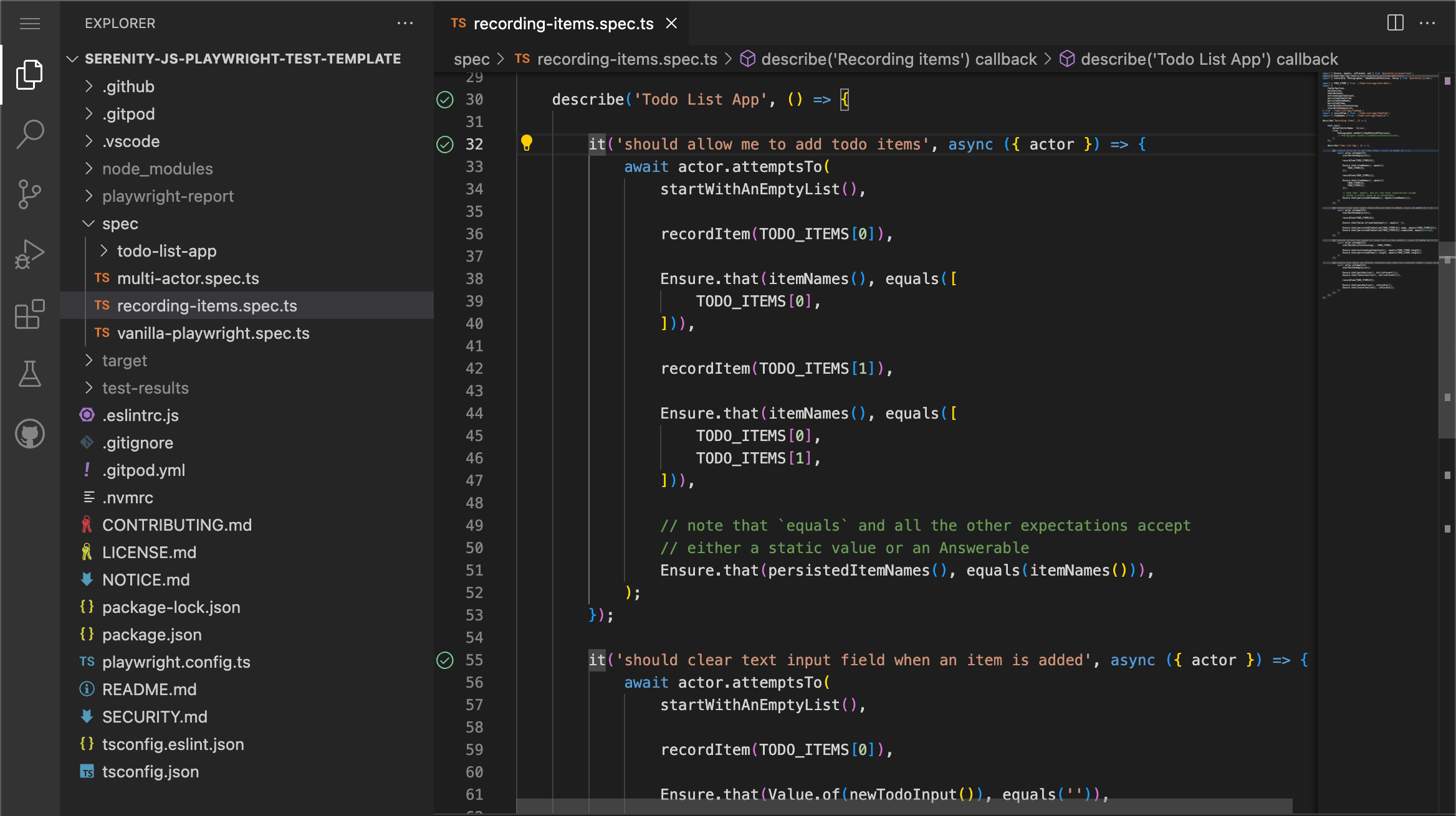 Visual Studio Code user interface showing an example test scenario