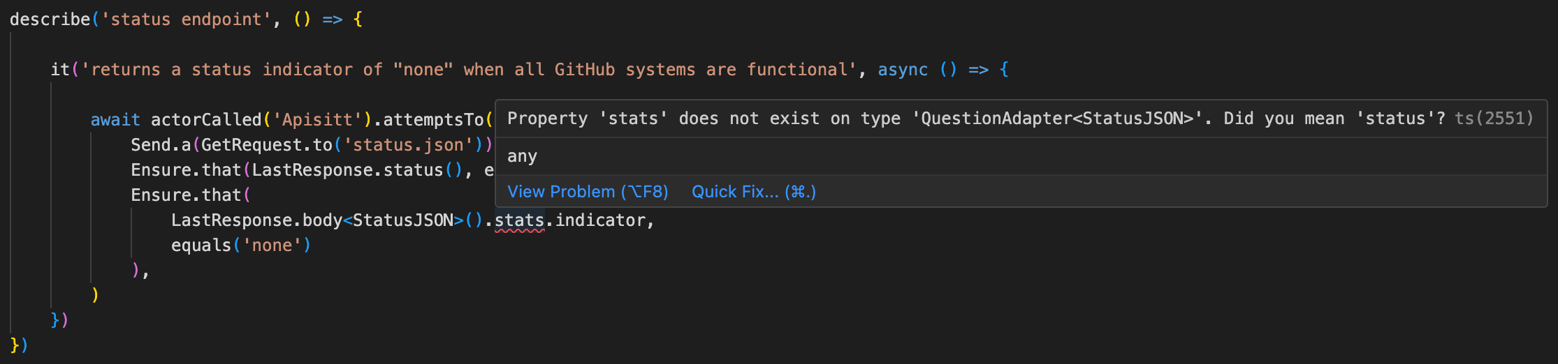 Visual Studio Code user interface showing a typo resulting in a type error